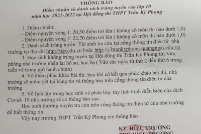 Bảng điểm thi tuyển sinh 10 năm học 2021-2021 và thông báo nhận đơn phúc khảo