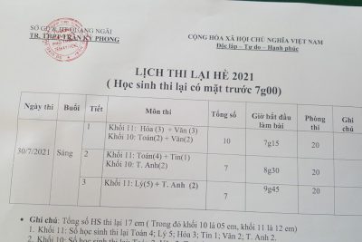 Thông báo lịch thi lại trong hè 2021 và danh sách học sinh tham gia thi